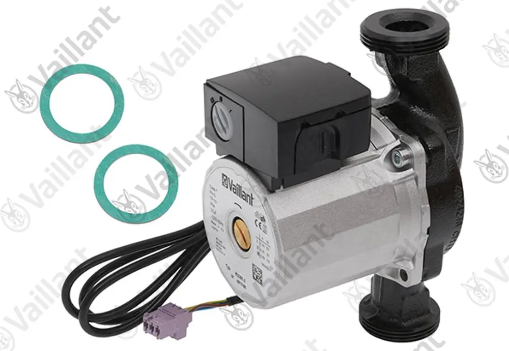 Vaillant Pumpe mit elektrischer Anschlussdose, zwei Dichtungen und einem Kabelanschluss, zur Verwendung in Heizsystemen.